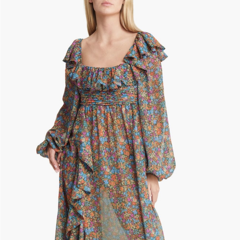 For Love & Lemons Brittany Floral Print Long Sleeve Midi Dress size L NWT